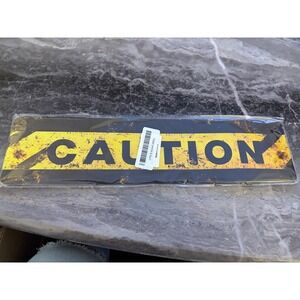 Metal Caution Sign Distressed Yellow Black Industrial Garage Wall Decor 12x3in